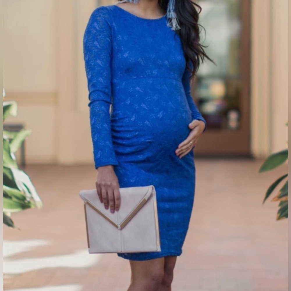 Pink blush, blue maternity dress, nwt, small, long sleeve, lace, baby shower